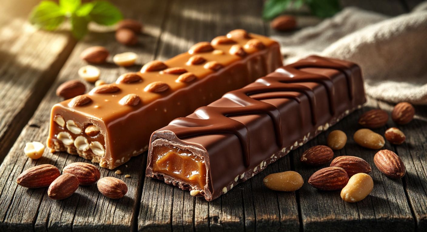 A vibrant split-screen image showing a Snickers bar with peanuts and caramel on one side and a Mars bar with smooth caramel and nougat on the other, both placed on a rustic wooden table in warm sunlight.