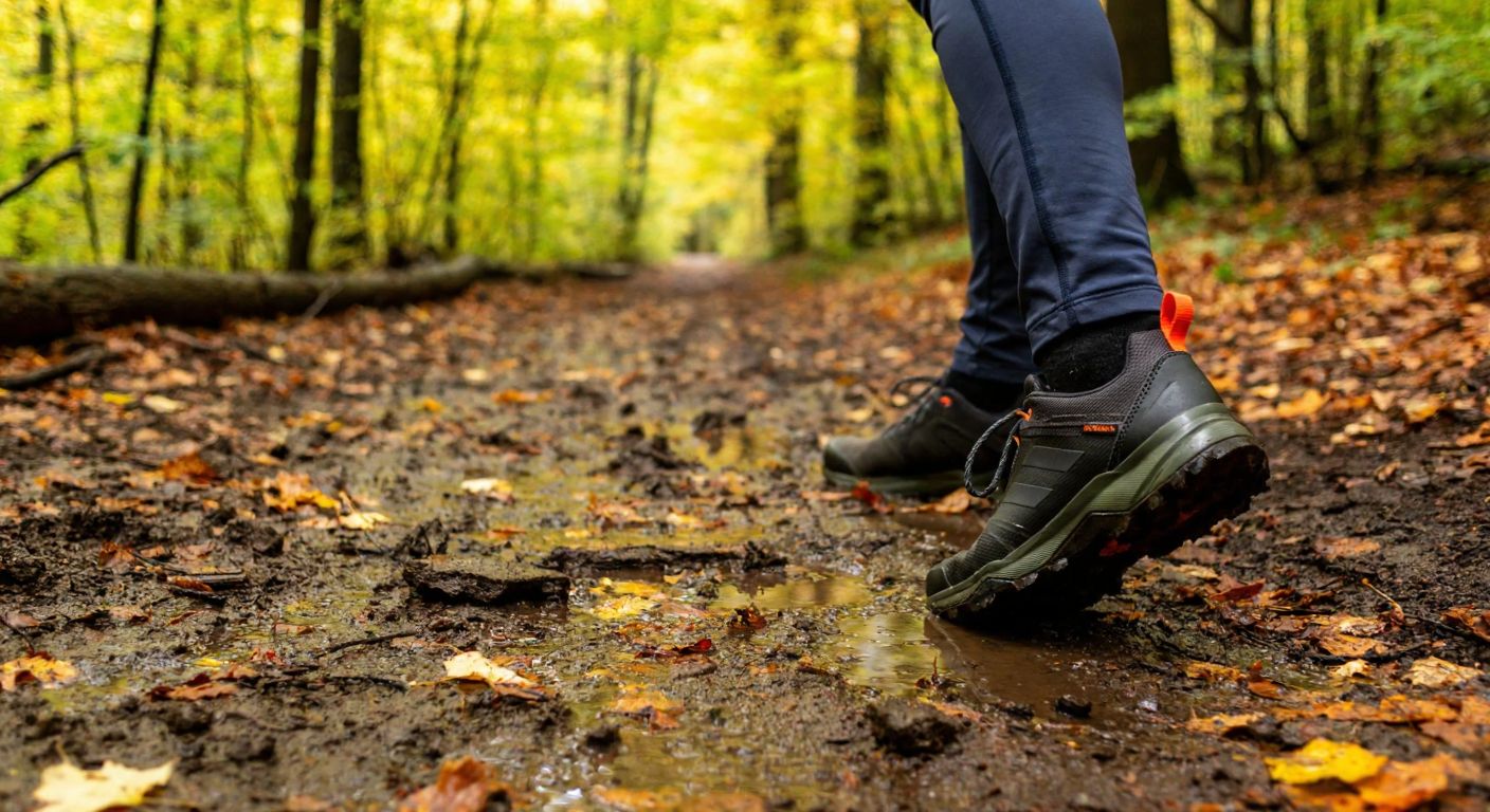 A rugged pair of Adidas Terrex Tracerocker shoes trekking through a muddy autumn forest trail, with fallen leaves and light rain reflecting their waterproof feature.