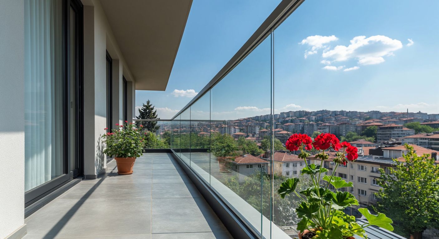 A sleek, transparent plexiglass railing on a modern balcony in Istanbul, reflecting sunlight while enduring strong winds and rain, with a potted geranium nearby to emphasize durability and resilience.