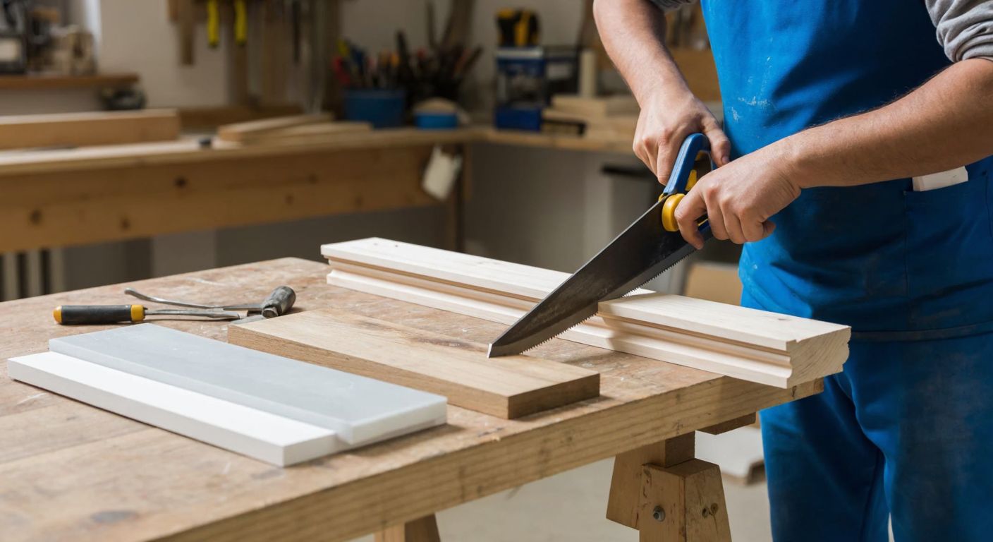 A Turkish craftsman in a well-lit workshop carefully measures and cuts a wooden molding with a handsaw, while neatly arranged tools and adhesive materials lie on a rustic wooden table nearby.