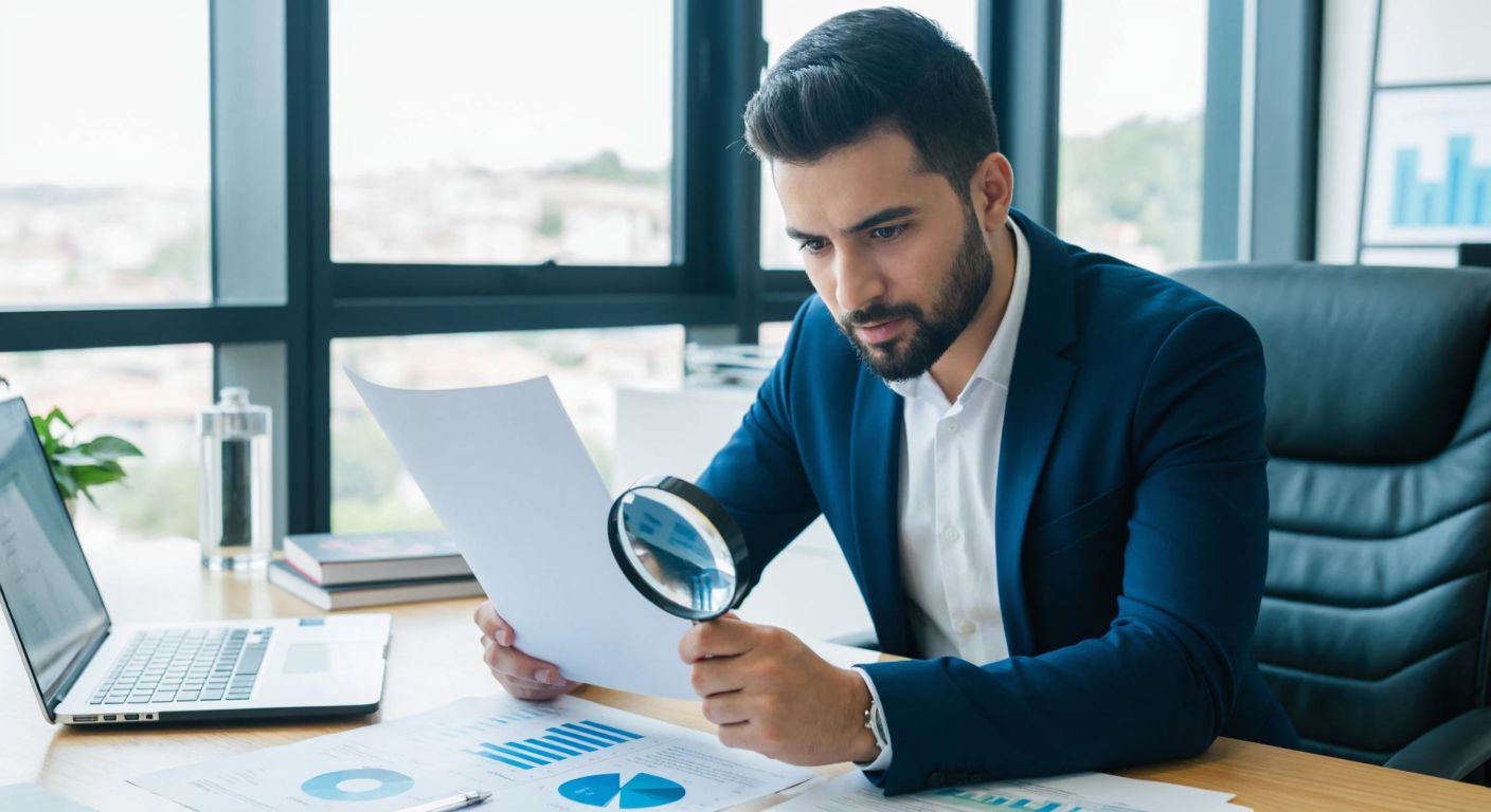 A focused businessperson in a modern office in Turkey, holding a document with a magnifying glass over a highlighted section, surrounded by charts and a laptop displaying industry data.