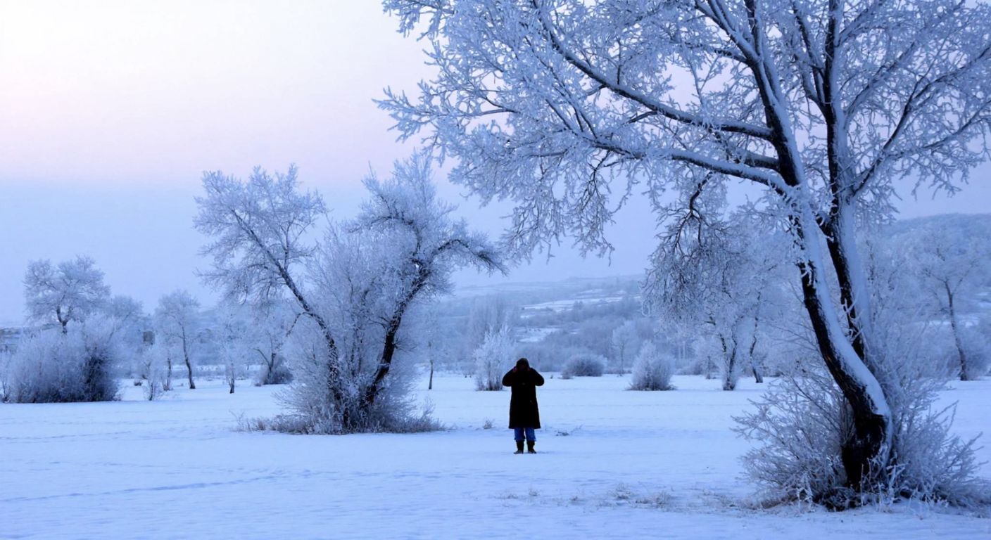 A snow-covered landscape in Yozgat with frost-laden trees and a lone figure bundled in thick winter clothing, shivering under a pale winter sky.