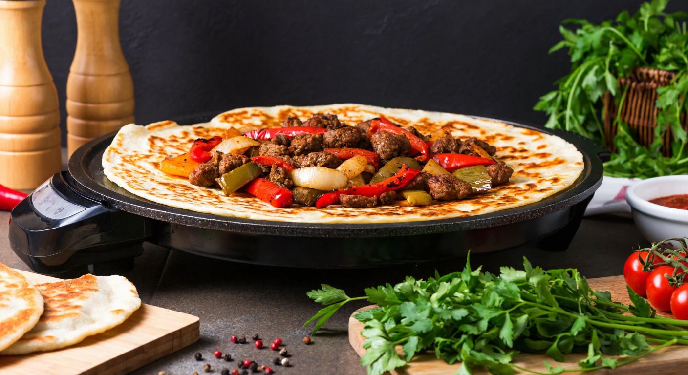 A warm, glowing electric sac tava sizzling with golden gözleme and colorful sautéed vegetables, surrounded by fresh herbs and a rustic wooden table in a cozy Turkish kitchen.