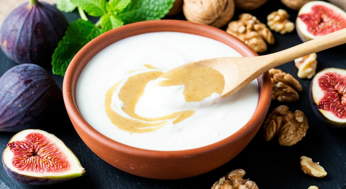 A wooden spoon swirls creamy white yogurt and golden tahini together in a rustic clay bowl, surrounded by fresh figs, walnuts, and a sprig of mint, evoking health and natural vitality.