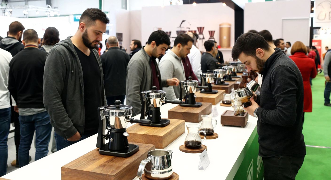A bustling coffee fair in İzmir with rows of gleaming espresso machines, Turkish coffee pots, and grinders displayed on wooden stands, surrounded by eager attendees in casual attire sniffing freshly ground beans.