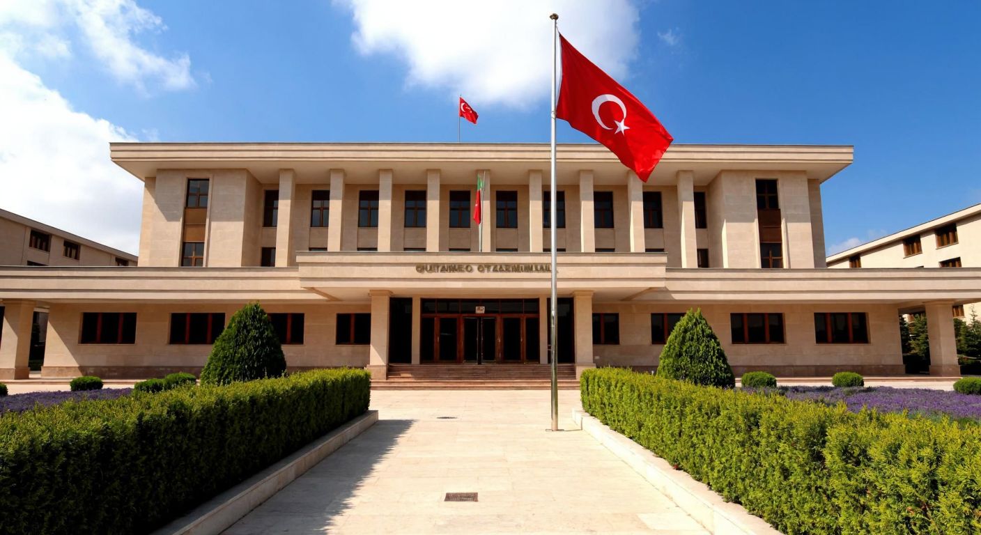 A modern, beige government building in Şehitkamil, Gaziantep, with a Turkish flag waving out front and a signless entrance framed by neatly trimmed shrubs.