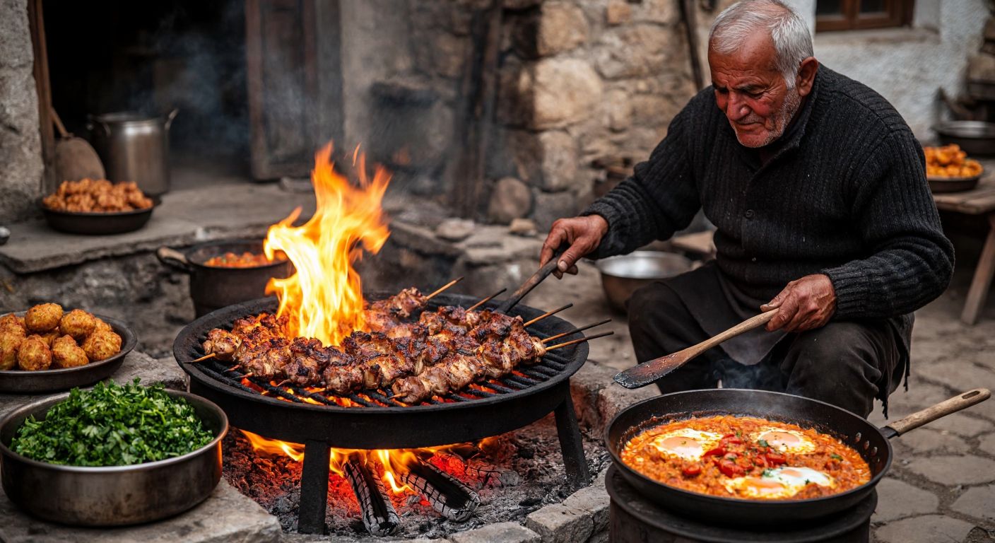 A rustic outdoor fire pit in a Turkish village, with skewers of tender lamb tandır and whole chicken roasting over crackling wood flames, surrounded by fresh mücver fritters and a sizzling black pan of menemen, as an elderly cook tends to the fire with a wooden spoon.