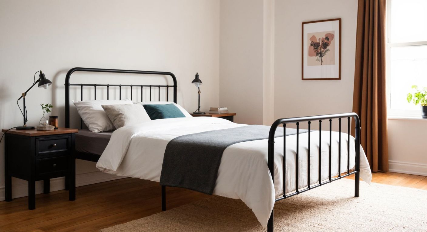 A sturdy black iron bed frame from IKEA sits in a cozy Turkish bedroom with neatly arranged bedding and a wooden nightstand beside it, conveying durability and simplicity.