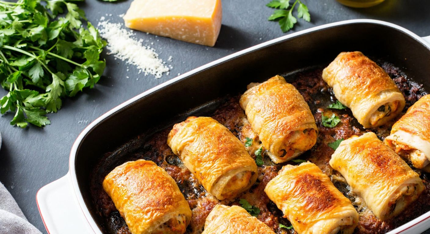 A warm Turkish kitchen with golden-brown potato-wrapped chicken rolls sizzling in a ceramic baking dish, surrounded by fresh parsley, grated cheese, and a drizzle of olive oil.