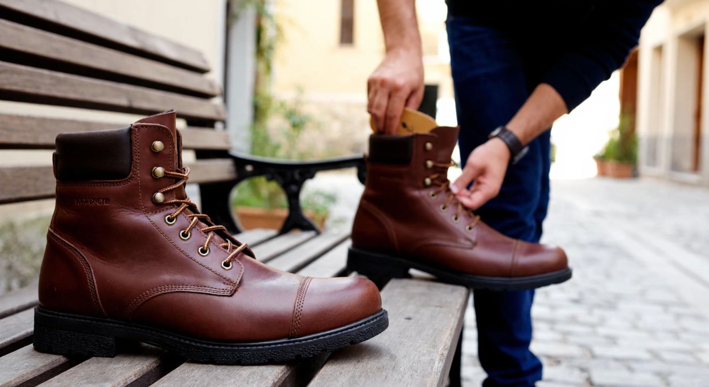 A pair of sturdy brown leather Yakupoğlu boots placed on a wooden bench, one upright and the other slightly tilted to show its soft inner lining, with a smiling hiker in the background adjusting the laces of a similar boot while standing on a cobblestone street in a Turkish village.