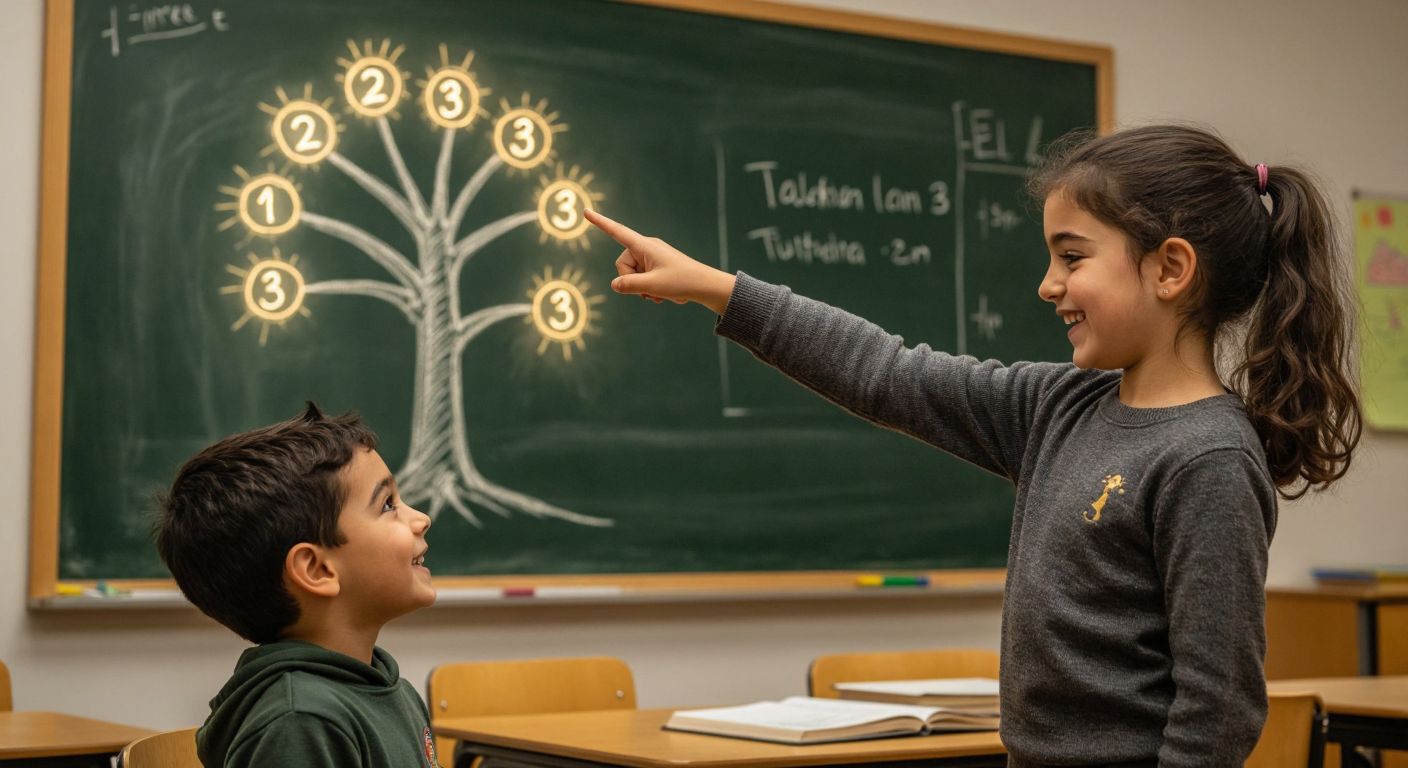 A young student in a Turkish classroom eagerly points at a tree diagram drawn on a chalkboard, with the numbers 2 and 3 glowing at its branches, while the teacher smiles approvingly.