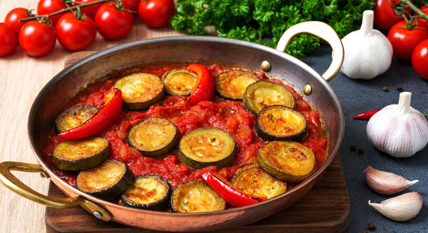 A vibrant Turkish kitchen scene with a sizzling copper pan filled with golden-fried eggplant, peppers, and zucchini, topped with a rich red tomato sauce, surrounded by fresh ingredients like garlic and parsley, evoking warmth and home-cooked comfort.