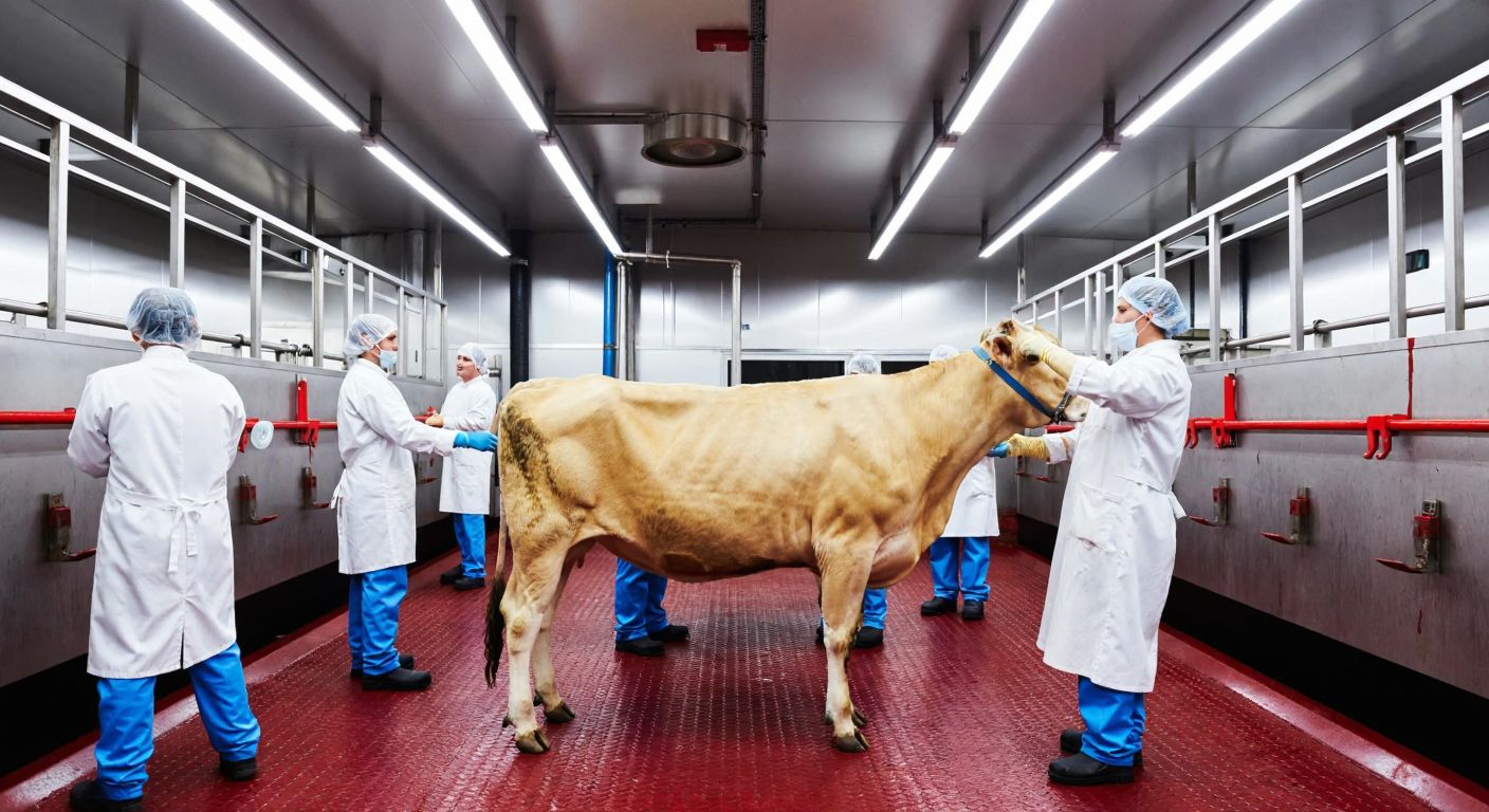 A clean, well-lit slaughterhouse interior with workers in white coats and hairnets carefully handling a large, healthy cow, while stainless steel tools and a blood drainage channel emphasize hygiene and process efficiency.
