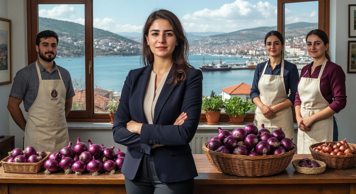 A poised Turkish woman in a professional blazer stands confidently in an office with a view of Erdek’s harbor, holding a basket of deep purple Kapıdağ onions, surrounded by cooperative members in traditional aprons.