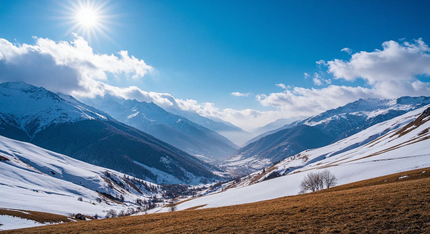 A serene Turkish mountain landscape with snow-capped peaks under a clear blue sky, where warm air rises visibly as wispy currents, contrasting with the cooler, denser air below.