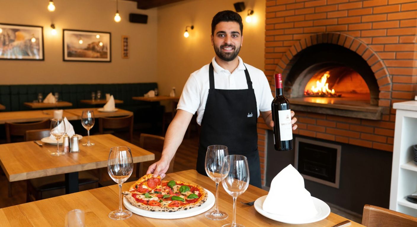 A cozy Italian-style pizzeria in Izmir with warm lighting, wooden tables topped with wine glasses and pizza, and a smiling waiter holding a bottle of red wine near a brick oven.
