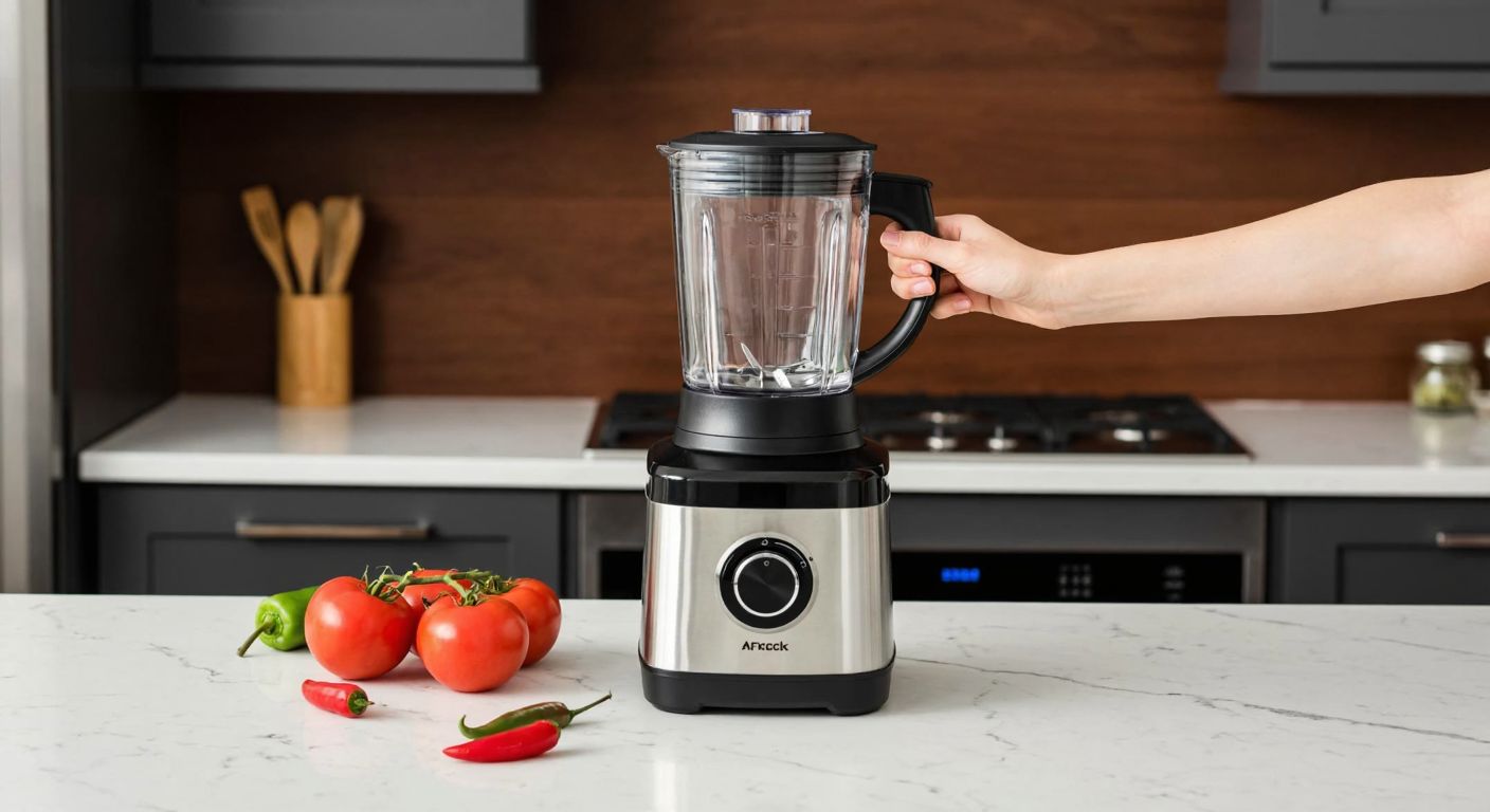 A modern Turkish kitchen with a stainless steel Arçelik blender featuring a glass jar, placed on a marble countertop next to fresh tomatoes and peppers, while a person’s hands carefully pour water into the jar for blending.