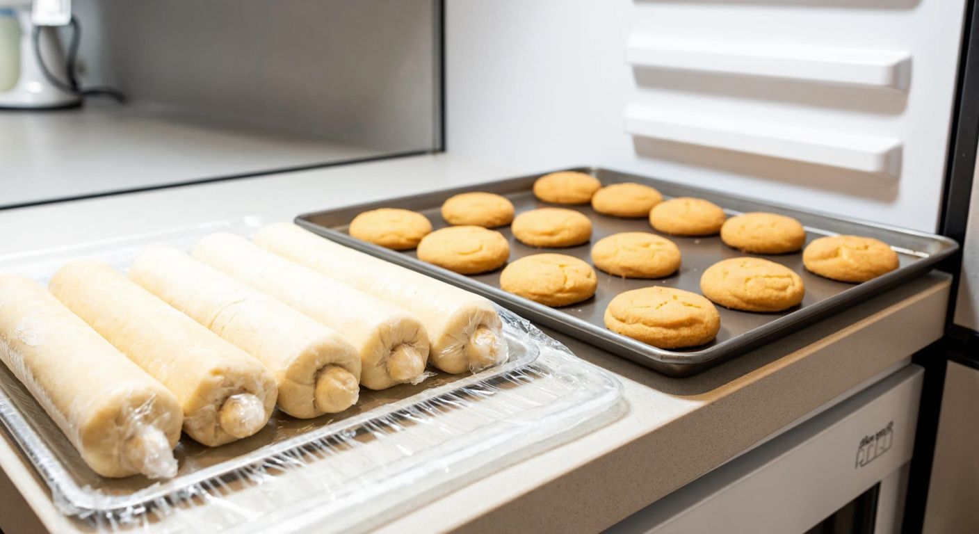 A Turkish kitchen counter with neatly rolled, uncooked cookie dough wrapped in cling film and a tray of golden-brown baked cookies cooling next to an open freezer.
