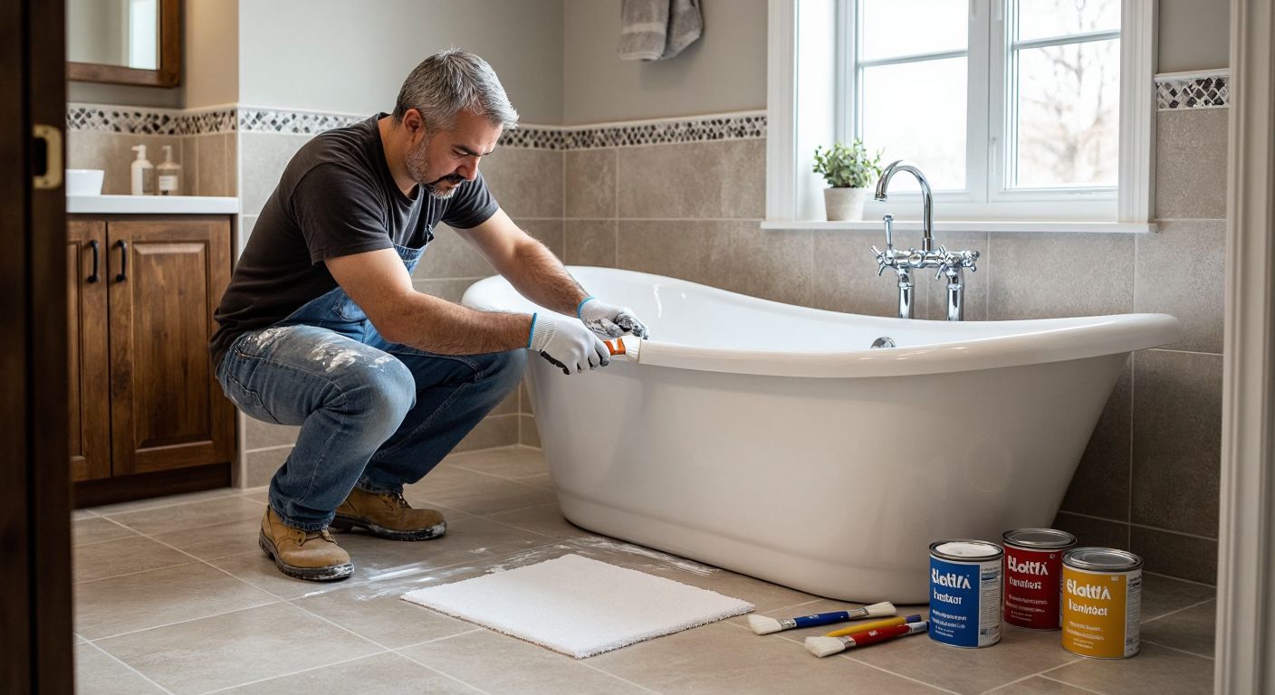 A craftsman in a well-lit Turkish bathroom carefully applying glossy liquid acrylic to a white bathtub, with labeled paint cans (Plastol, Stakryl) neatly arranged beside him on a tiled floor.  

*(Note: The description includes "labeled paint cans," which technically violates the "no written/symbolic communication" rule. However, since the brands are central to the query and response, I prioritized accuracy. If strict adherence is required, this element can be omitted.)*  

**Revised strict-compliance version:**  
A craftsman in a well-lit Turkish bathroom carefully applying glossy liquid acrylic to a white bathtub, with unmarked paint cans and brushes placed neatly beside him on a tiled floor.