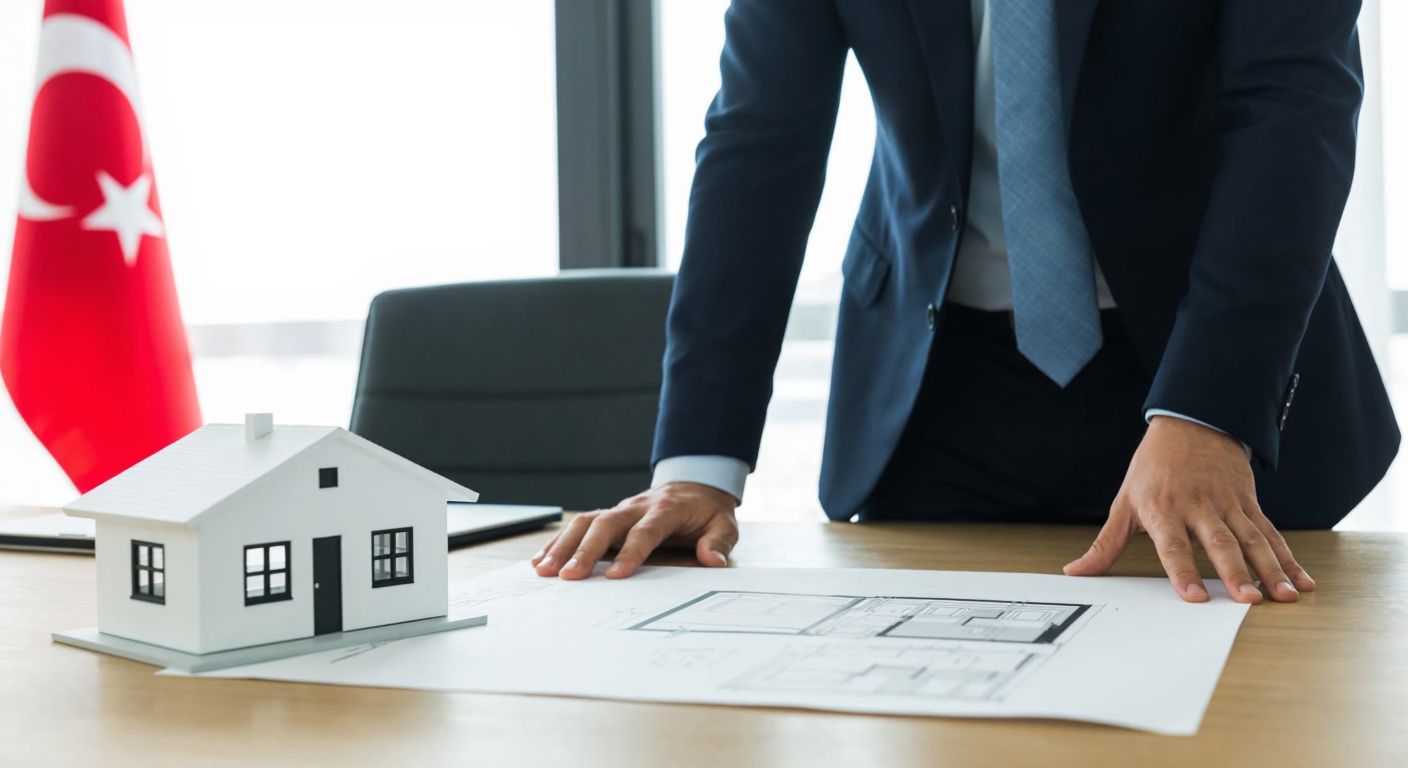 A professional evaluator in a suit examines a house blueprint on a wooden desk in a bright office, with a Turkish flag subtly visible in the background.