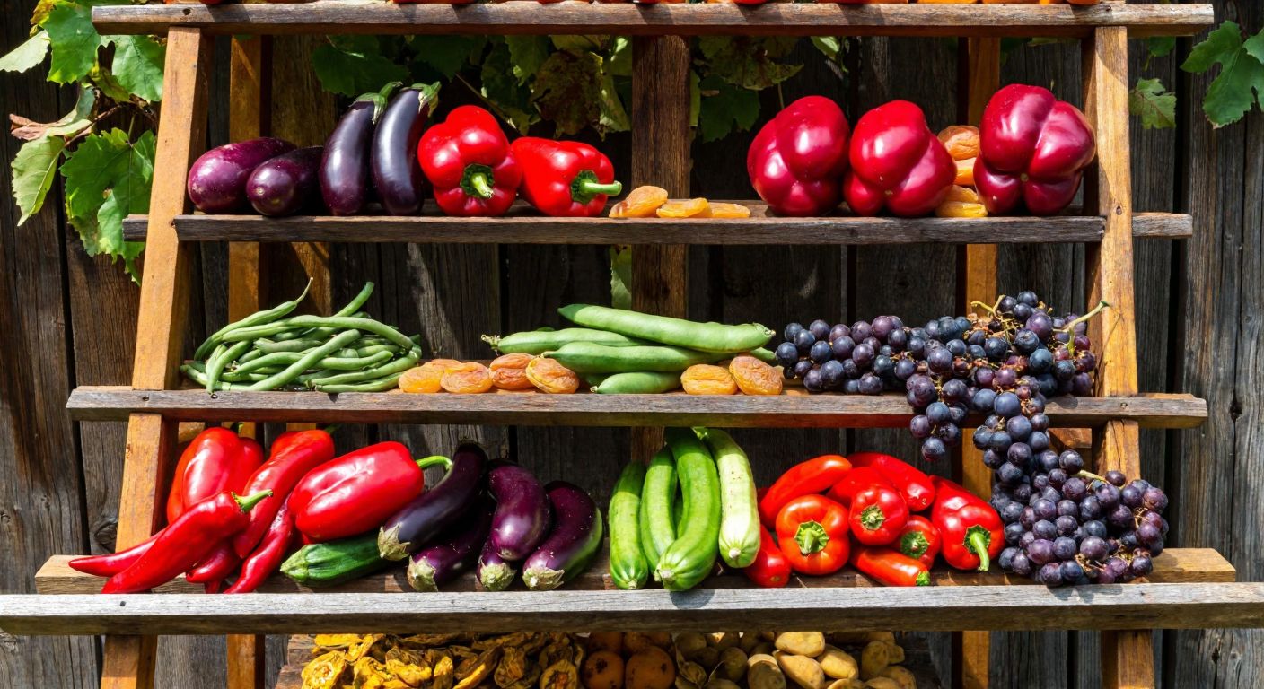 A rustic wooden drying rack under the warm Turkish sun, laden with vibrant red peppers, green beans, purple eggplants, and golden zucchini slices, alongside clusters of dried apricots and grapes, evoking a traditional harvest scene.