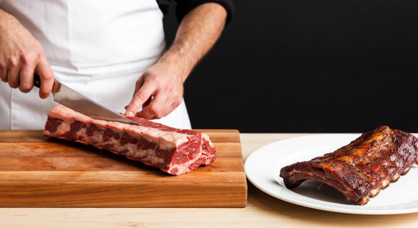 A butcher in a white apron carefully trims a lean beef rib on a wooden cutting board, while a separate plate holds a glistening, fatty pork rib beside it.