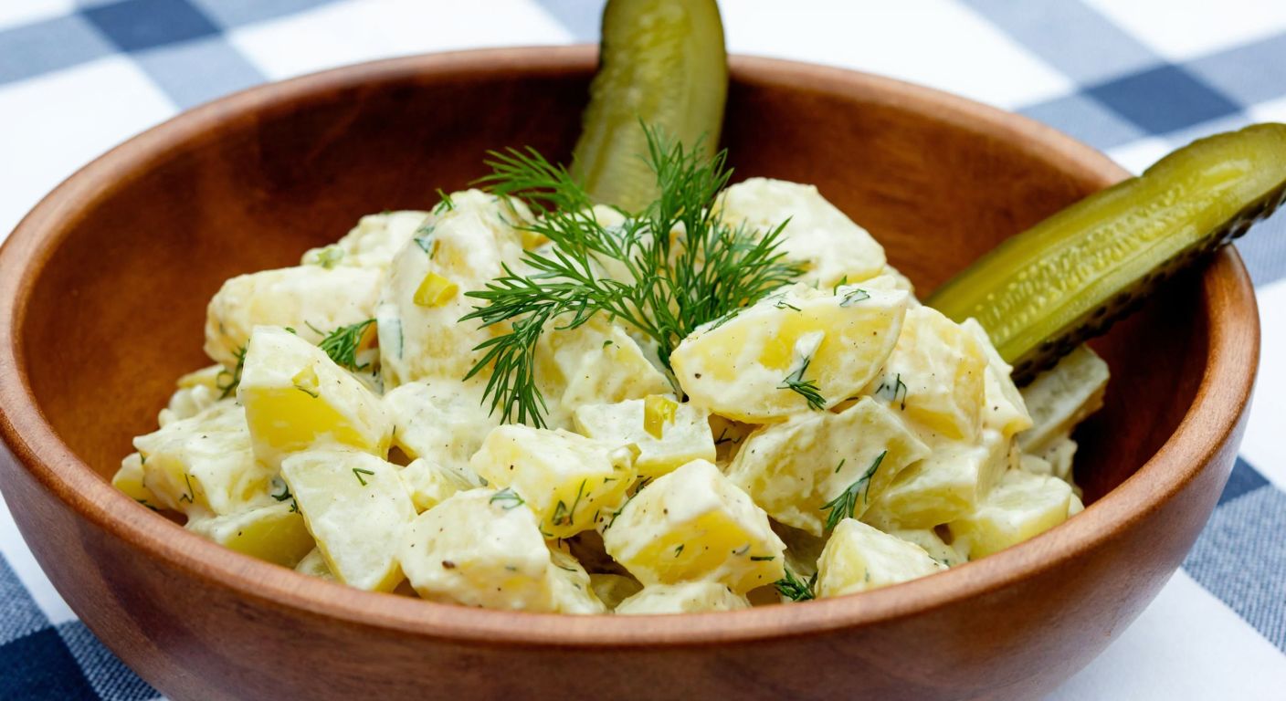 A rustic wooden bowl filled with creamy German-style potato salad (Kartoffelsalat), garnished with fresh dill and pickles, placed on a checkered picnic table in a cozy German countryside setting.