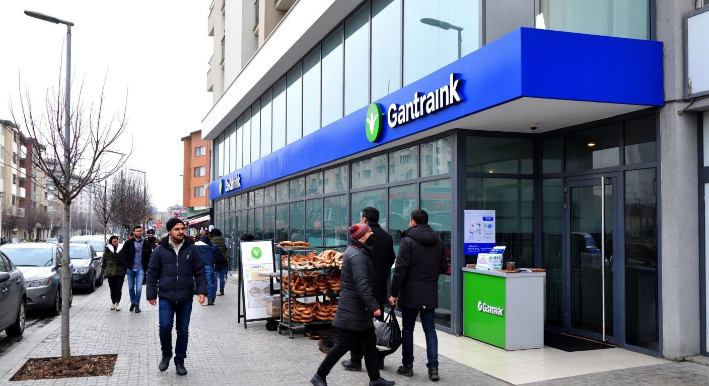 A modern Garanti Bankası branch with glass facades and a blue logo awning, nestled on a bustling street in Ankara's Mamak district, with people in casual winter attire walking past and a nearby vendor selling simit.