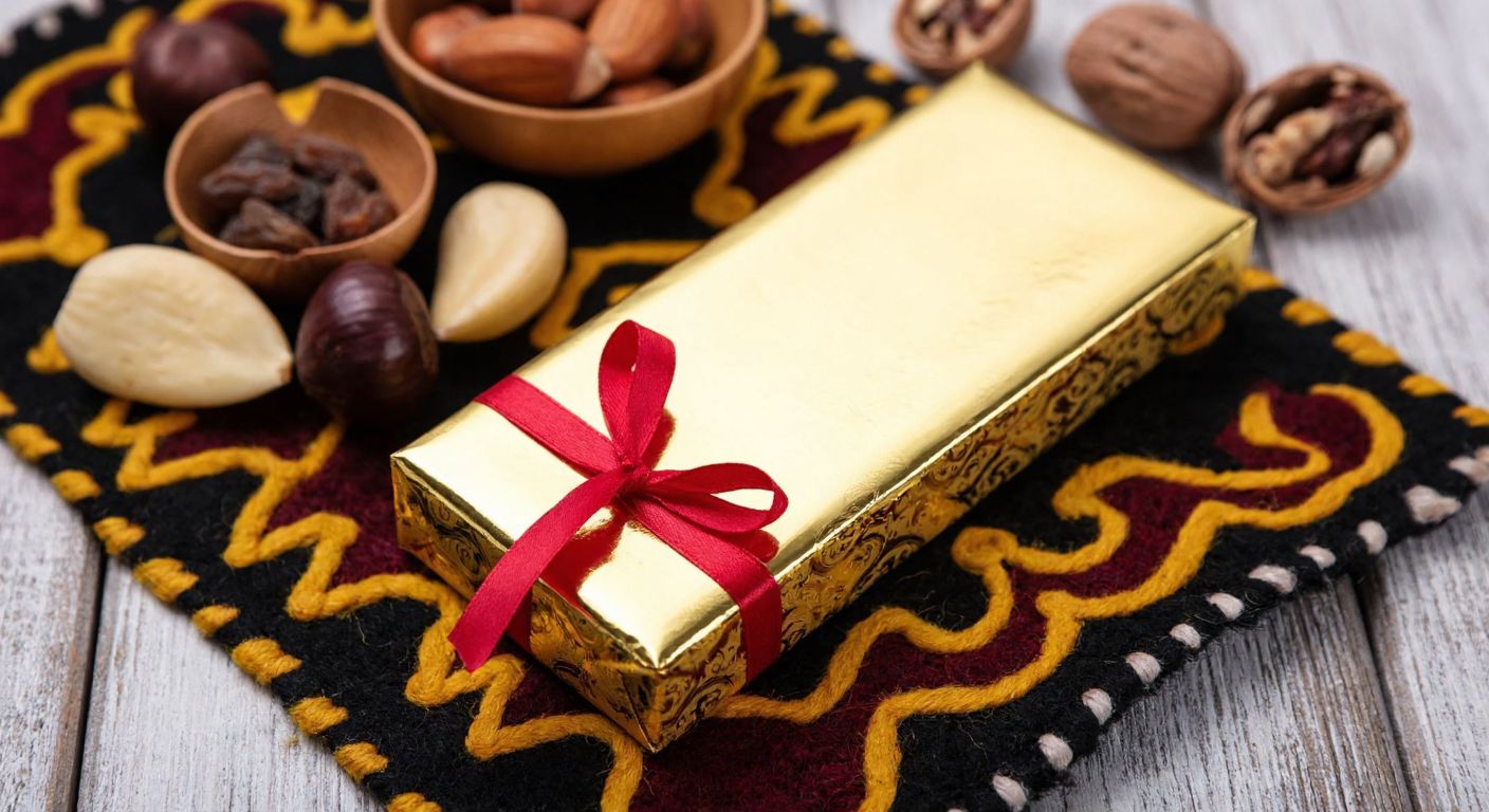 A golden-wrapped chocolate bar with a red ribbon, placed on a traditional Kazakh felt rug, surrounded by dried fruits and nuts.
