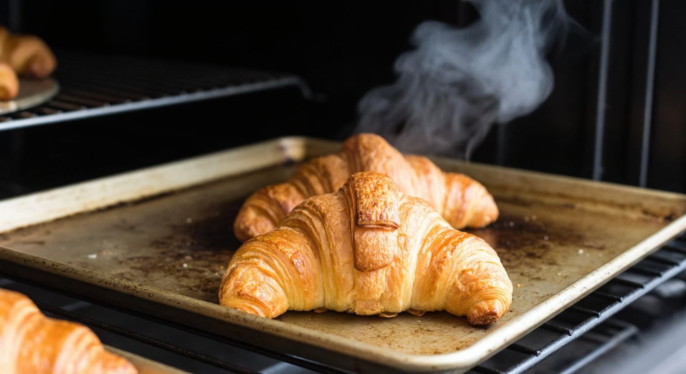A golden-brown croissant fresh out of the oven, resting on a rustic baking tray in a warm Turkish kitchen, with steam rising gently from its flaky layers.