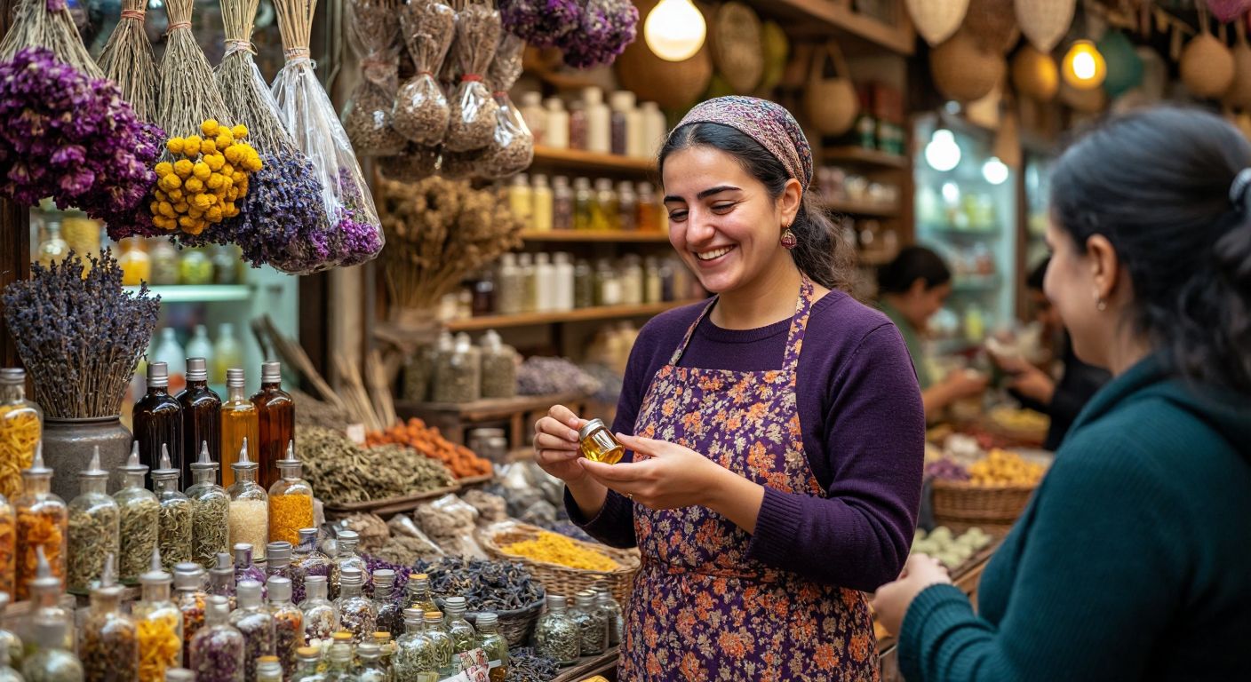 A cheerful Turkish shopkeeper in a cozy bazaar stall surrounded by colorful bottles of aromatic oils, dried herbs, and customers sniffing fragrant samples with relaxed smiles.