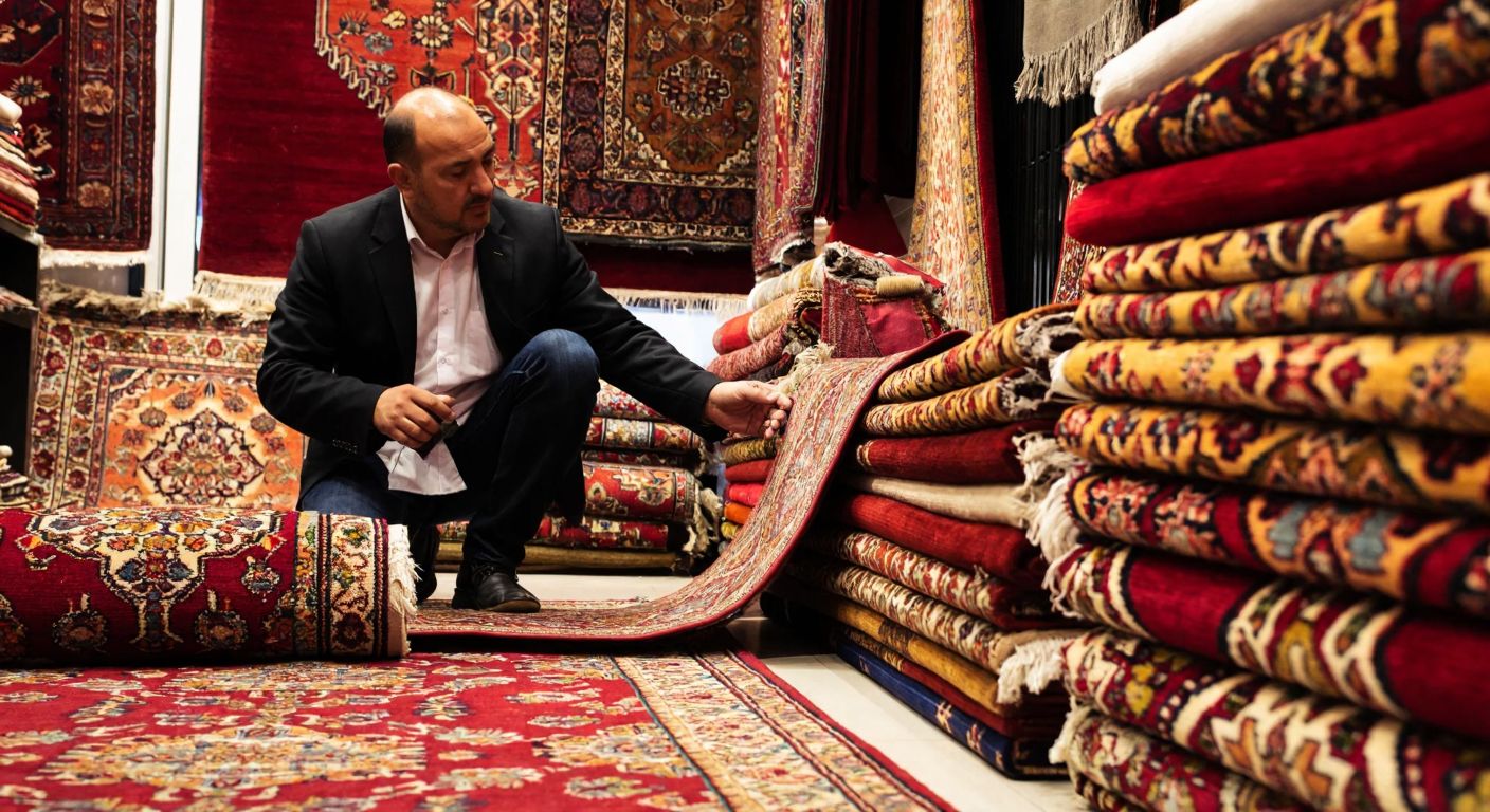 A vibrant Turkish carpet shop in Istanbul’s Başakşehir district, with stacks of richly patterned handmade rugs in warm reds and golds, and a craftsman carefully inspecting a woven piece under soft indoor lighting.