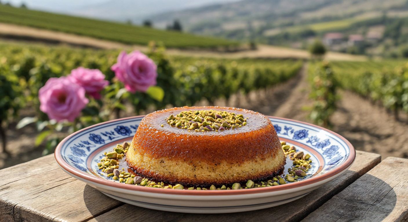 A golden-brown poppy seed pudding on a traditional Turkish ceramic plate, garnished with crushed pistachios, set against a rustic wooden table with Isparta’s rose fields in the hazy background.