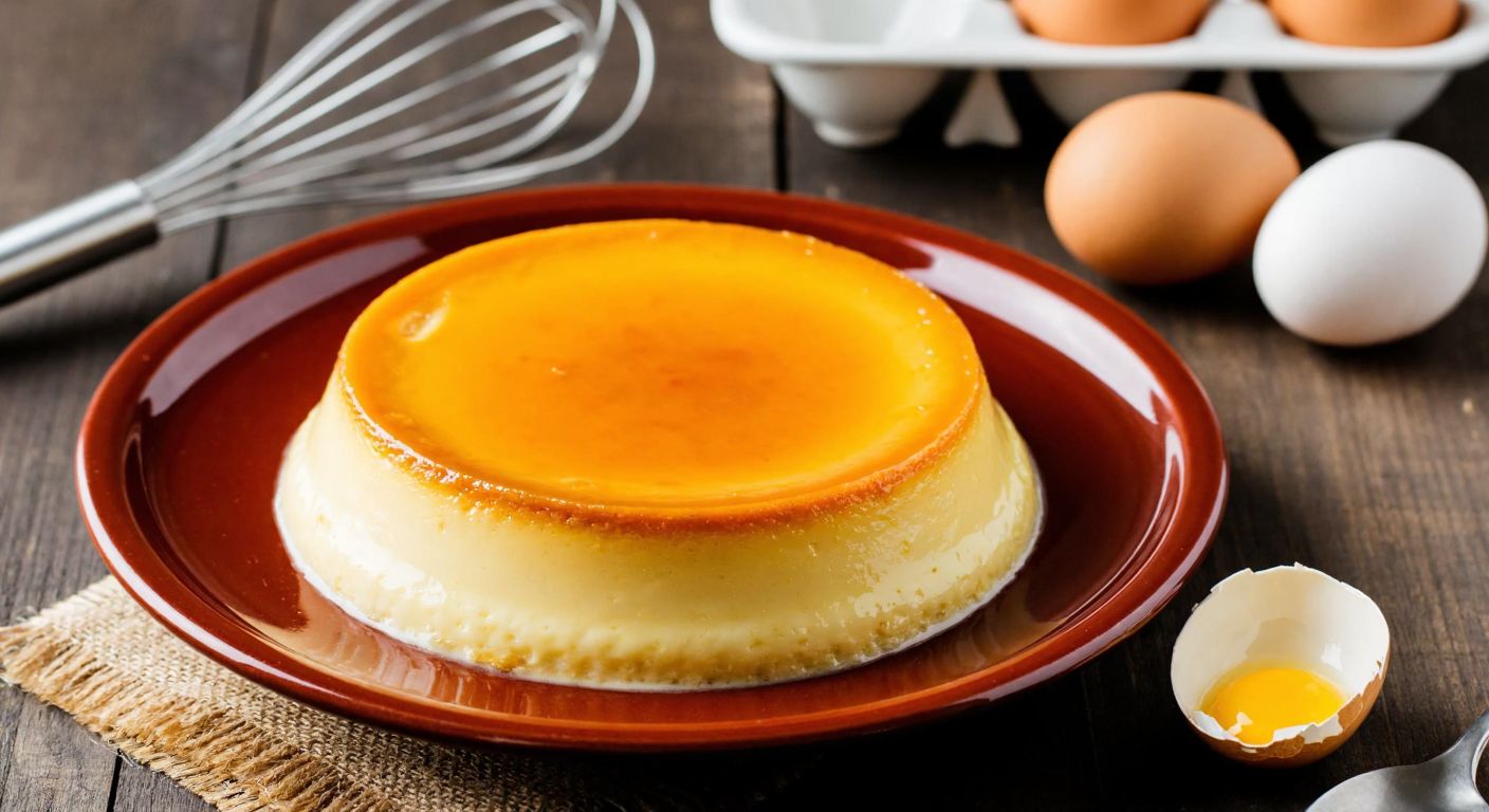 A golden-brown creme caramel dessert with a smooth, creamy texture, resting on a Turkish ceramic plate, surrounded by fresh eggs and a whisk on a rustic wooden table.