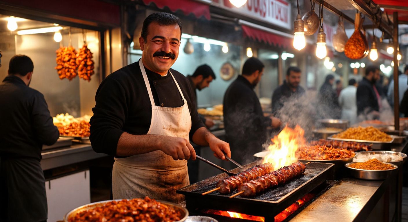 A bustling Turkish street food stall with a smiling, mustachioed man (Orhan Usta) grilling sizzling kokoreç on a skewer over glowing embers, surrounded by eager customers and the aroma of spices.