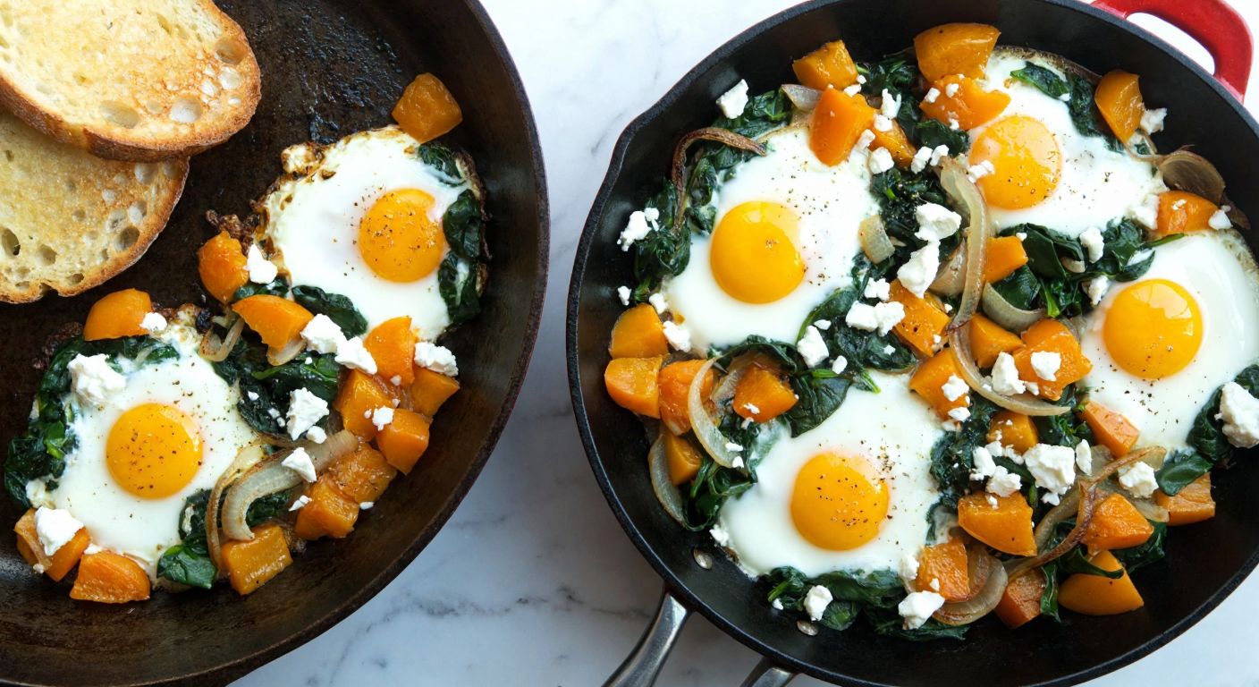 A rustic Turkish kitchen with a sizzling pan of golden-yolked eggs over sautéed spinach, diced apricots, and onions, served on toasted bread with a sprinkle of crumbled white cheese.