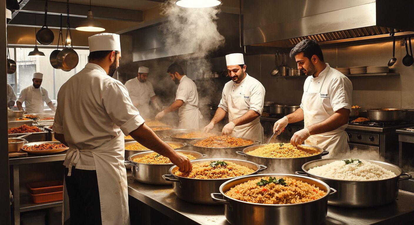 A bustling Turkish kitchen with large steaming pots of fragrant rice pilaf, workers in white aprons carefully packing portions into insulated containers, and a delivery person waiting nearby with a warm, eager expression.