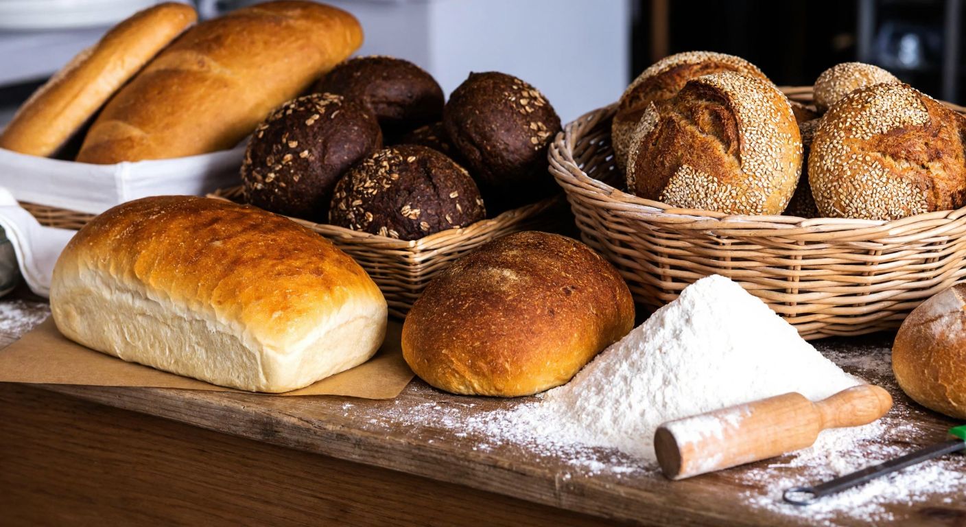 A rustic wooden table in a Turkish bakery displays a variety of fresh breads—fluffy white loaves, dark rye, sesame-crusted rolls, and a golden-brown sourdough—arranged neatly beside a woven basket and flour-dusted baking tools.
