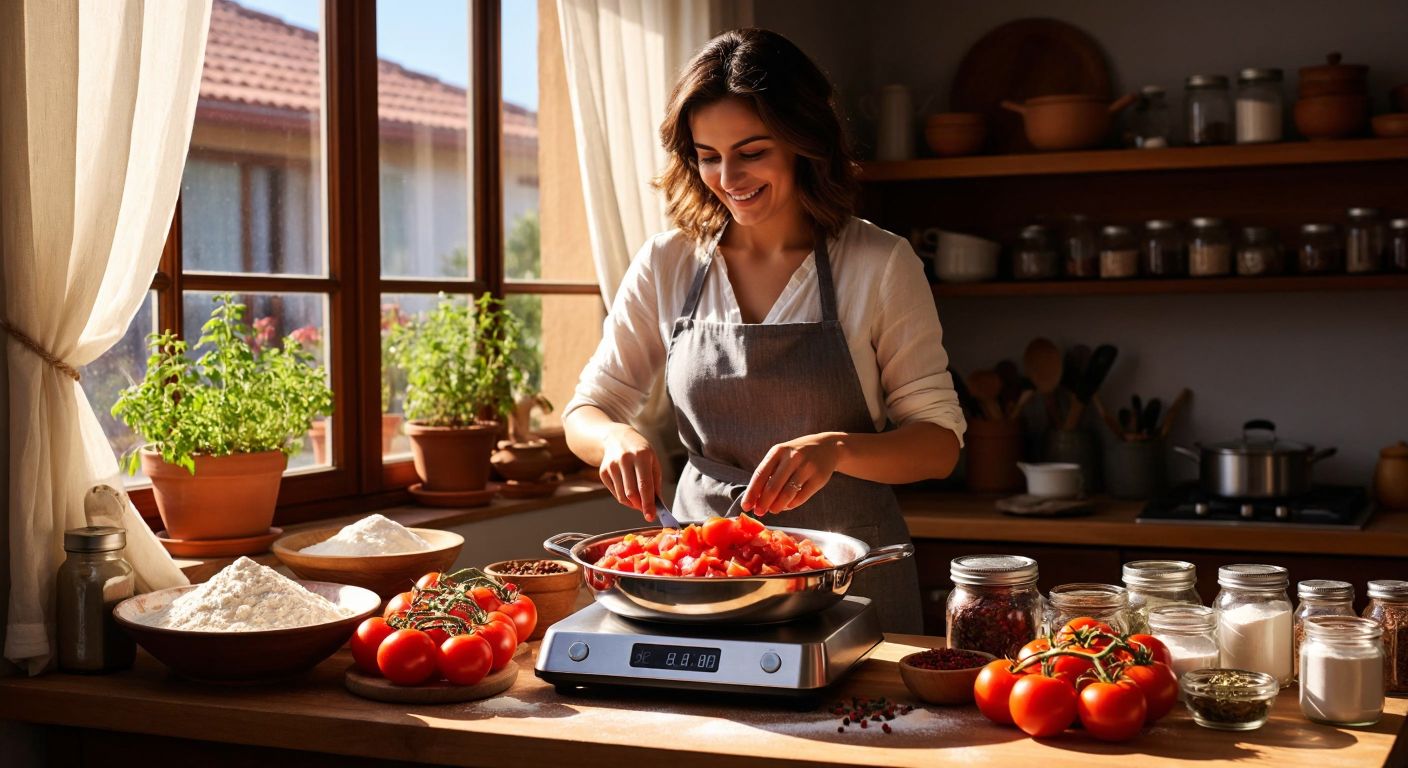 A sleek stainless steel kitchen scale sits on a sunlit countertop in a Turkish home, surrounded by fresh ingredients like flour, sugar, and spices, with a smiling middle-aged woman in an apron carefully placing a bowl of diced tomatoes on it.