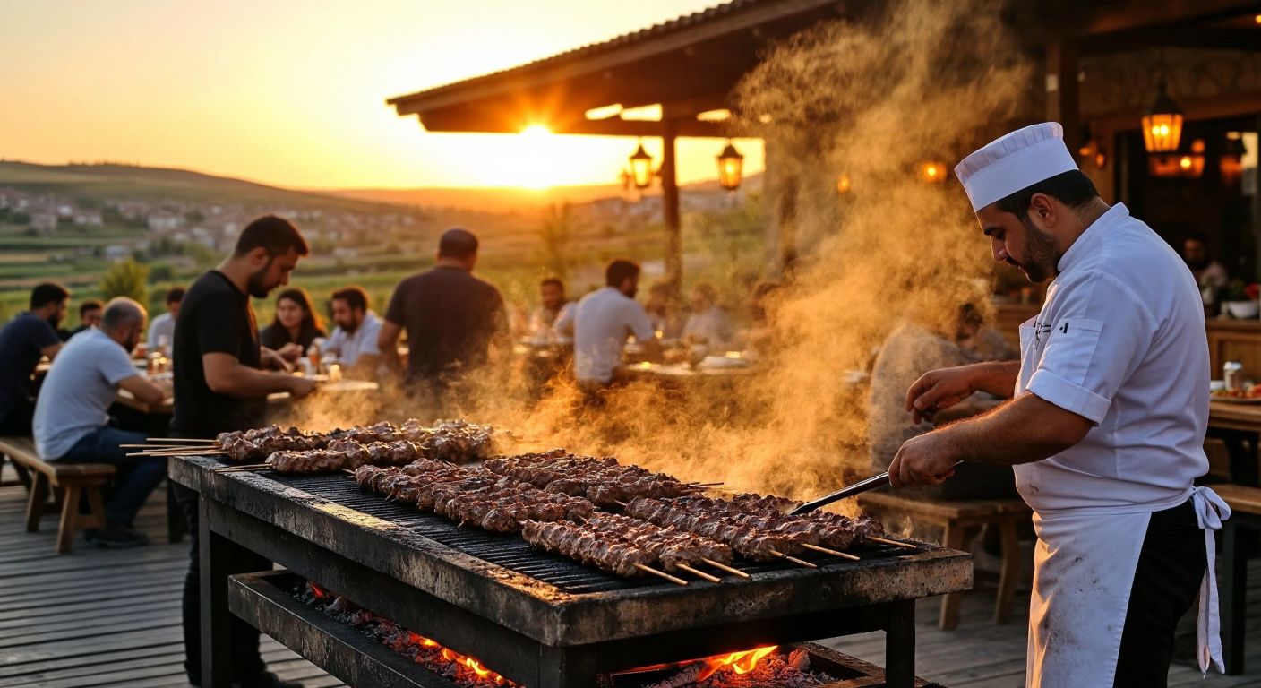A bustling outdoor eatery in Afyonkarahisar's İscehisar district, with chefs grilling succulent marble kebabs over an open flame, surrounded by locals enjoying the dish at wooden tables under a warm, golden sunset.