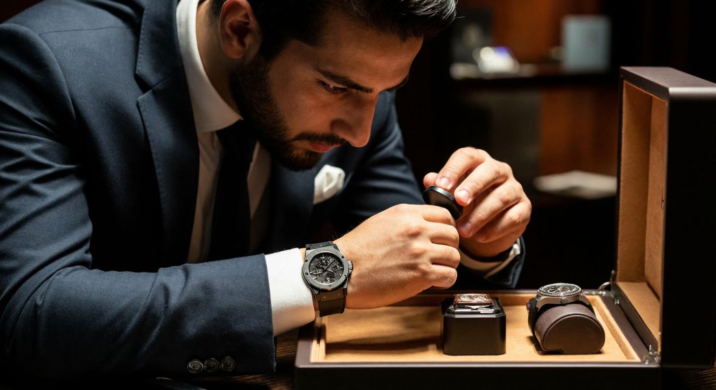 A close-up of a well-dressed Turkish man in a sleek suit carefully examining a luxurious Hublot watch under a jeweler's loupe, with a genuine watch and a counterfeit one placed side by side on a velvet-lined tray under warm, focused lighting.