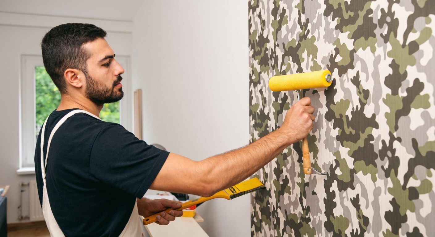 A focused Turkish craftsman in a well-lit room carefully smoothing a camouflage-patterned wallpaper onto a clean, prepared wall with a roller, surrounded by tools like a brush, measuring tape, and adhesive.