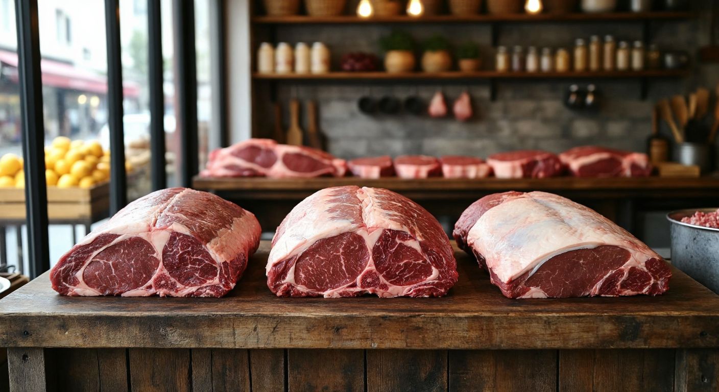 A rustic Turkish butcher shop with two fresh cuts of meat—one dark red and marbled (koç) and another lighter pink and lean (dana)—displayed side by side on a wooden counter, evoking a choice between rich flavor and tender texture.