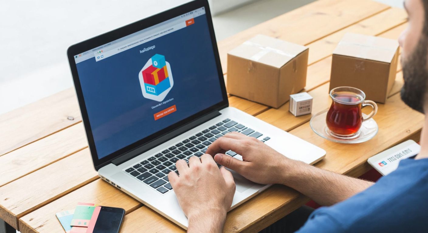 A person in Turkey sits at a wooden desk with a laptop, browsing colorful cargo-themed icons on a website, surrounded by small cardboard boxes and a steaming cup of Turkish tea.