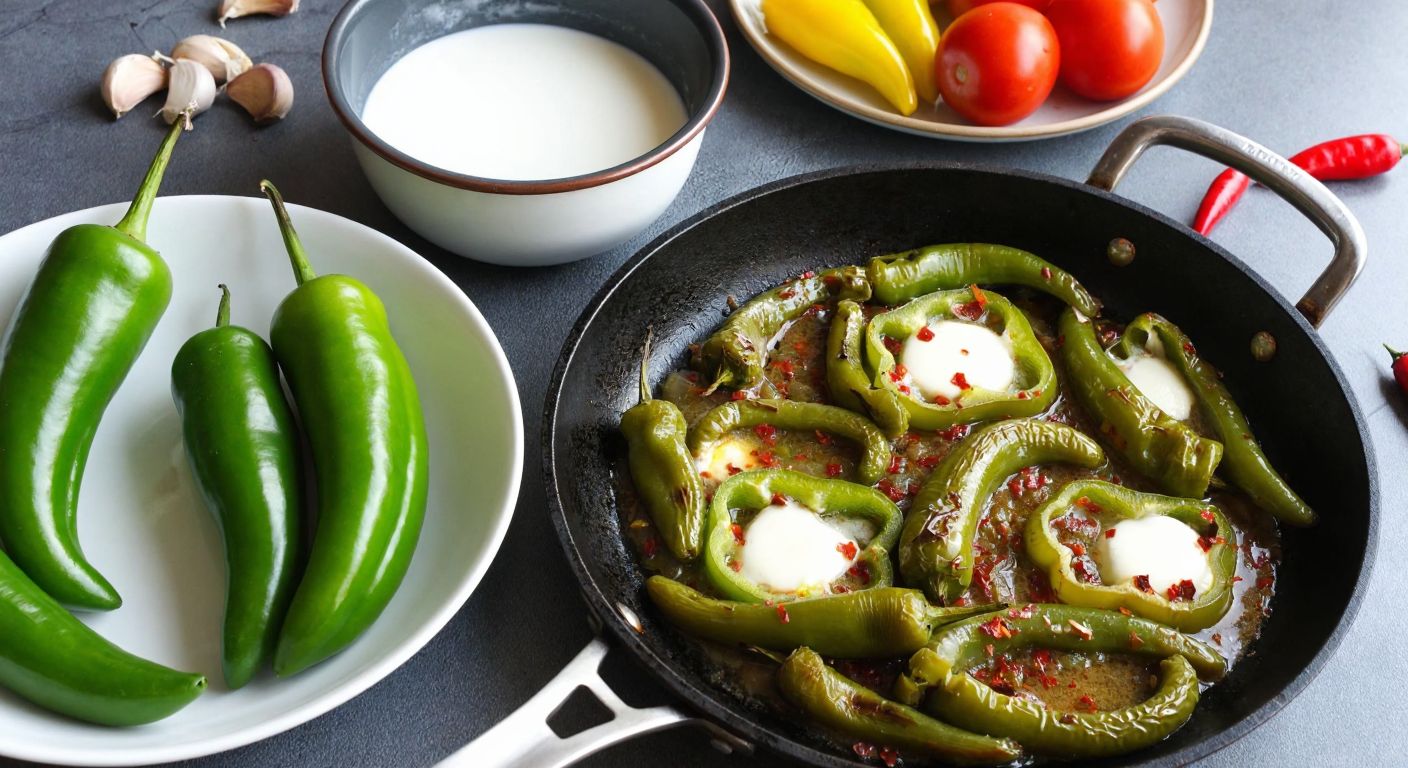 A Turkish kitchen counter with fresh green peppers, a bowl of milk, and a sizzling pan of sautéed peppers in a creamy sauce, garnished with melted butter and red pepper flakes.