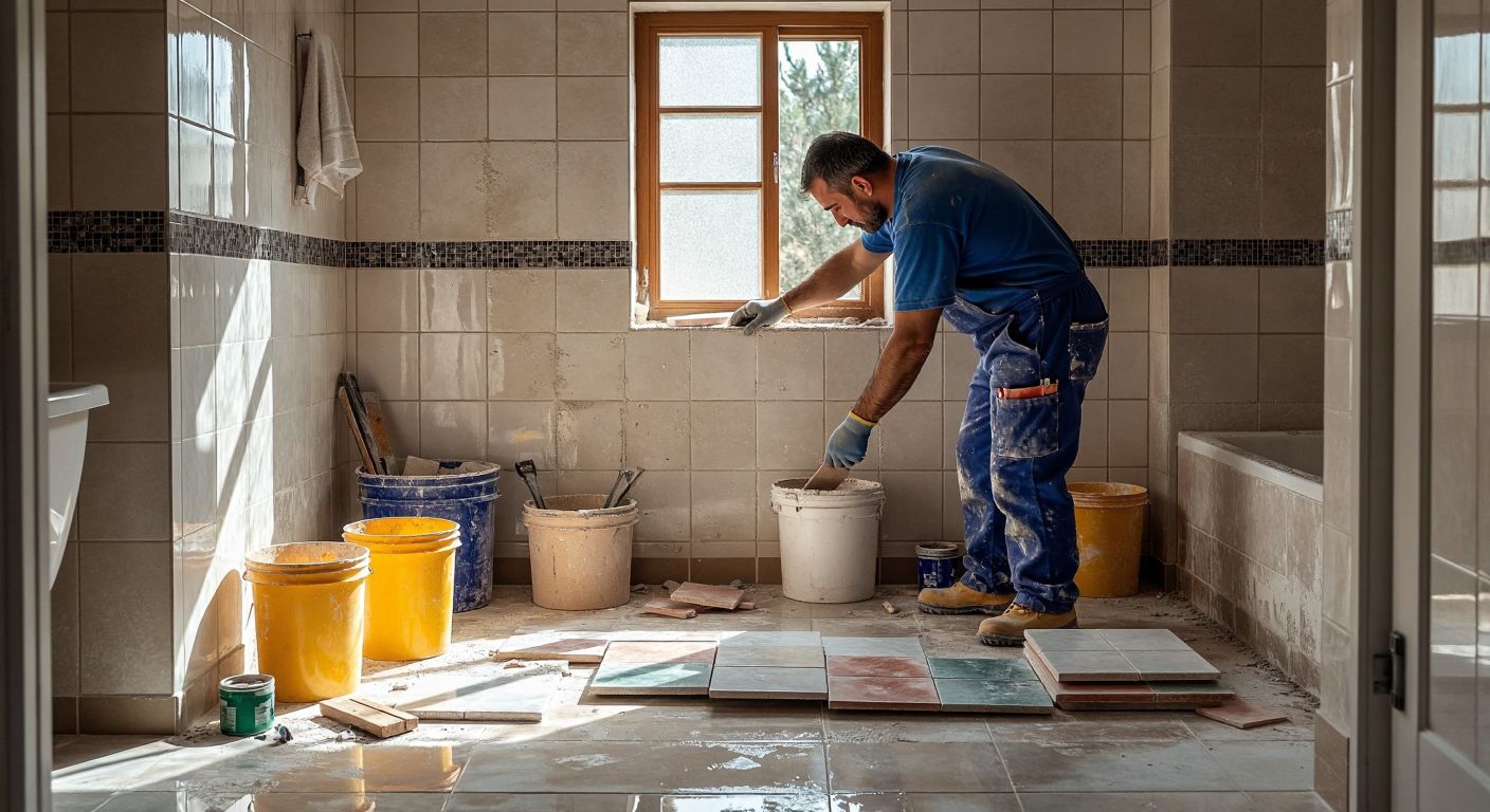 A Turkish worker in a blue jumpsuit carefully places ceramic tiles on a bathroom wall, surrounded by scattered tools, buckets of adhesive, and stacks of colorful tiles, while sunlight streams through a small window onto the unfinished floor.