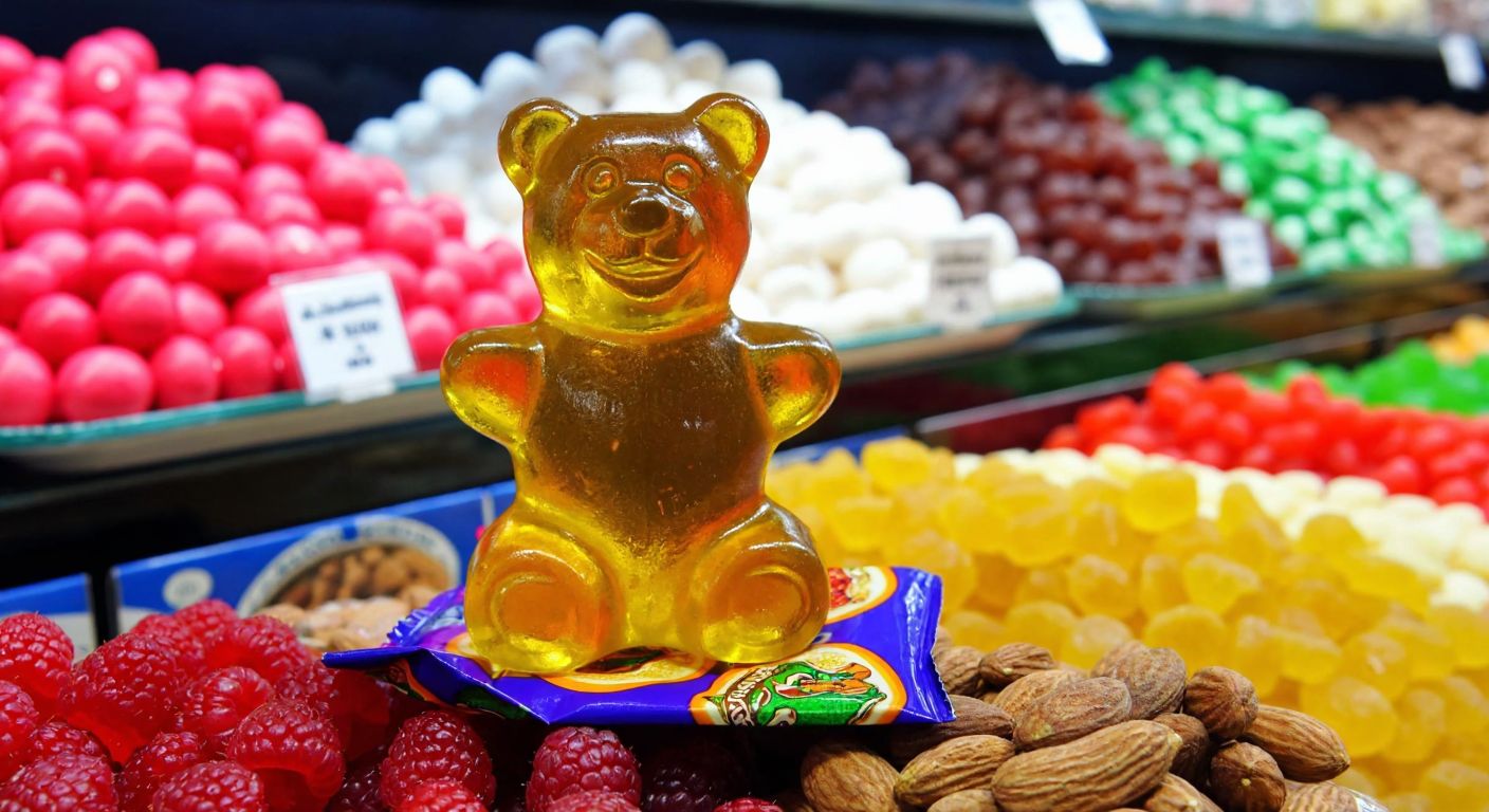 A cheerful golden bear-shaped gummy candy sits on a colorful wrapper against a backdrop of a Turkish sweetshop display.