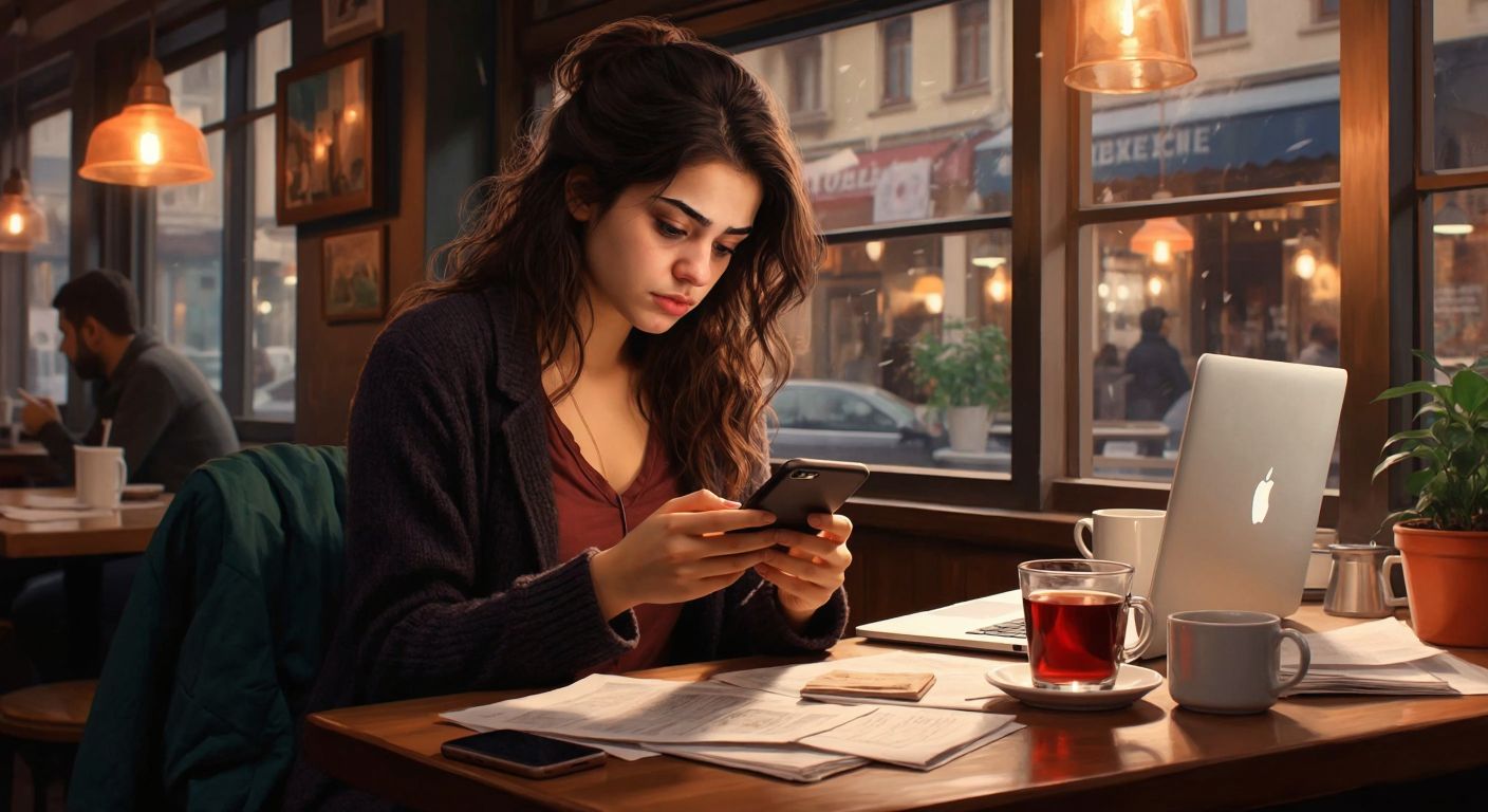 A young Turkish woman in a cozy café, frowning slightly at her phone screen with a steaming cup of çay beside her, surrounded by scattered papers and a laptop.