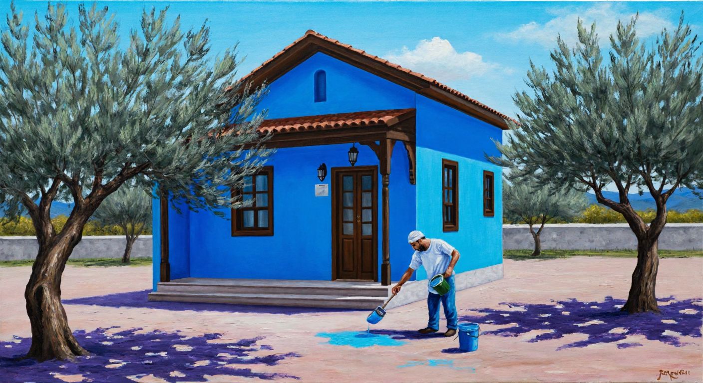 A traditional Turkish house with a bright blue exterior under a clear sky, surrounded by olive trees and a painter holding a bucket of blue paint.