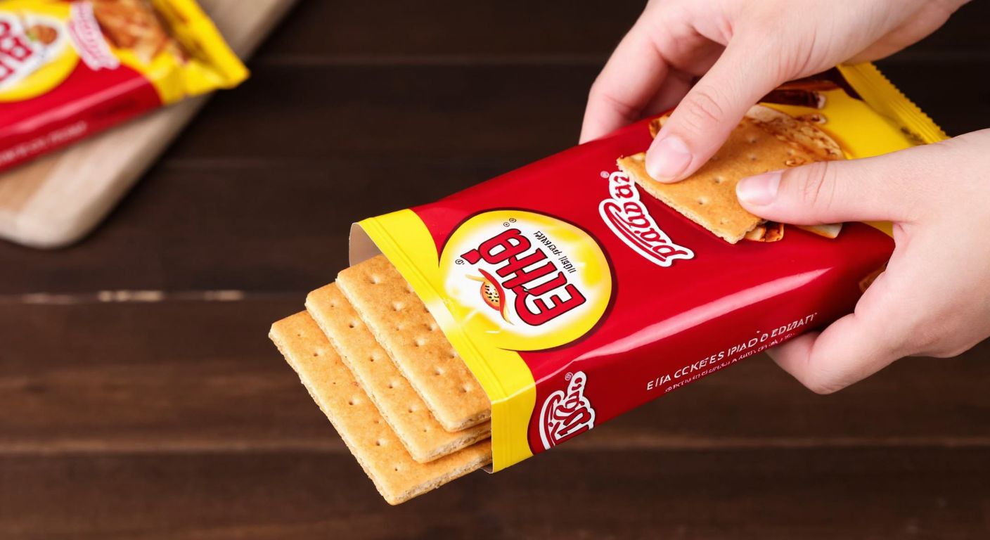A hand holding an open red and yellow package of Eti Pizza Kraker, with neatly stacked crackers inside, against a warm wooden table in a Turkish kitchen.